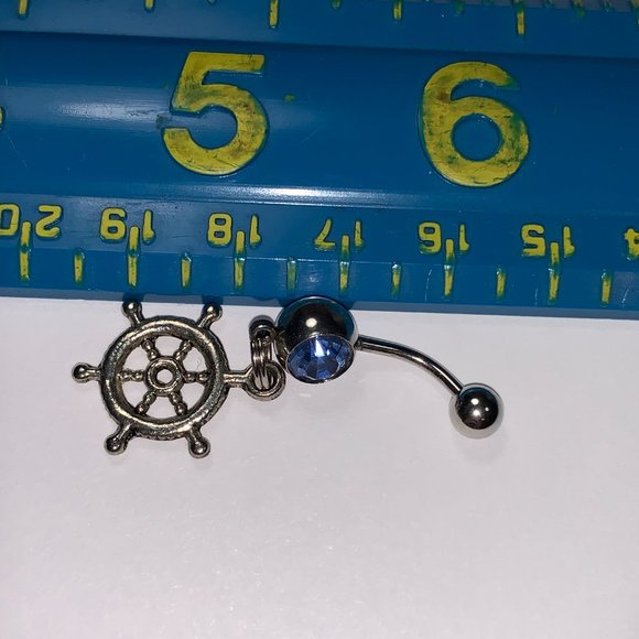 Light Blue Gem Nautical Wheel Design Dangle Belly Ring - Picture 2 of 6